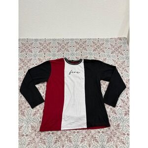 Distortion Mens XL Colorblock Long Sleeve Shirt Red White Black Fire Script Tee